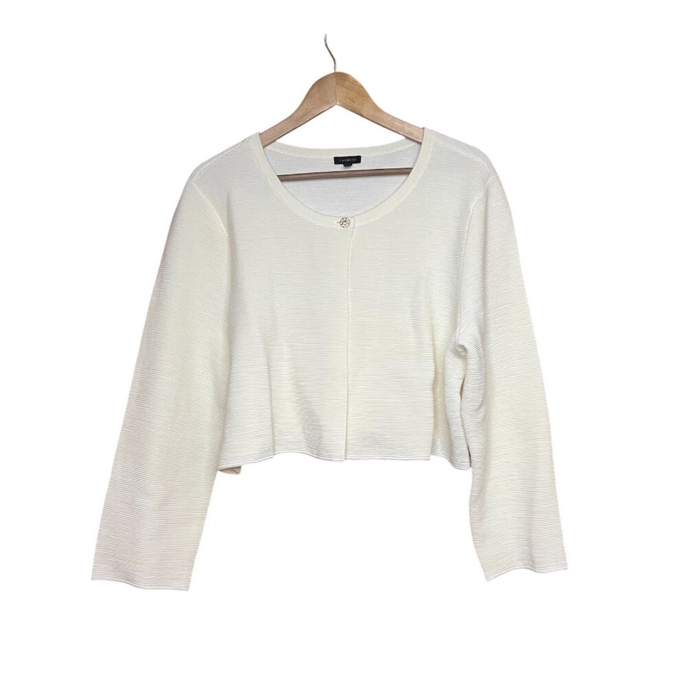Talbots Ivory Ribbed Wool Blend Cropped Cardigan Sweater Rhinestone Button XL
